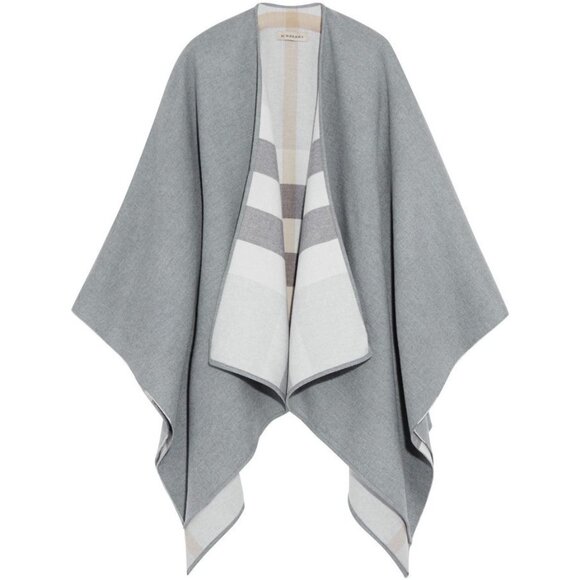 Burberry Charlotte Reversible Solid to Check Wool Cape Light Grey 140*14… - Picture 2 of 9